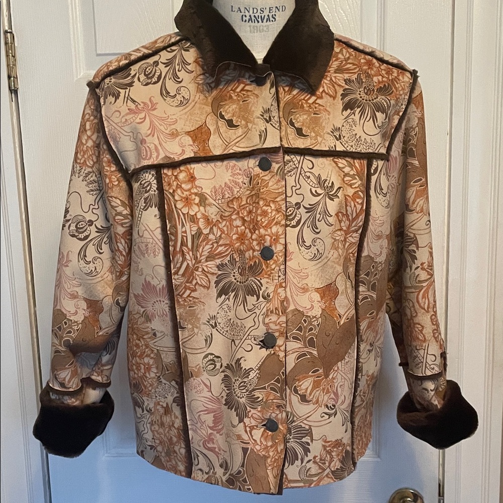 J.Jill Women's Floral Jacket with Faux Fur Trim